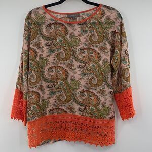 3For$20 Umgee orange Paisley/ Lace Sheer Blouse size small